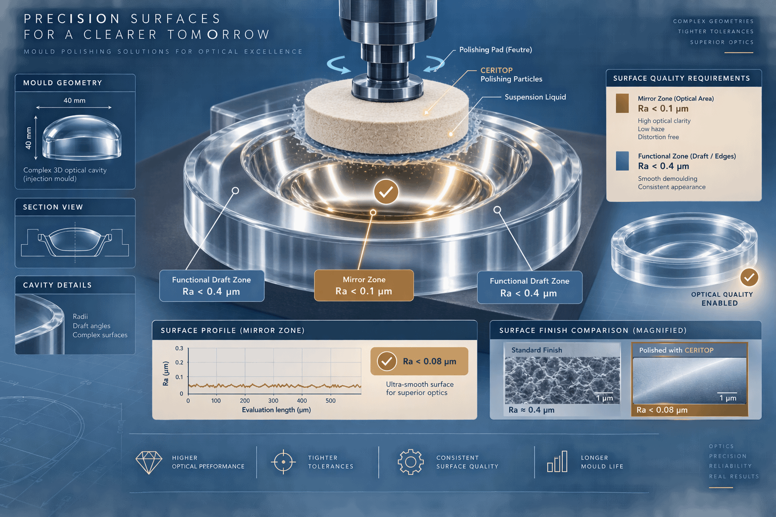 Glass Mould polishing technical diagram showing complex 3D optical cavity geometry, CERITOP particles application, surface quality requirements with Mirror Zone Ra