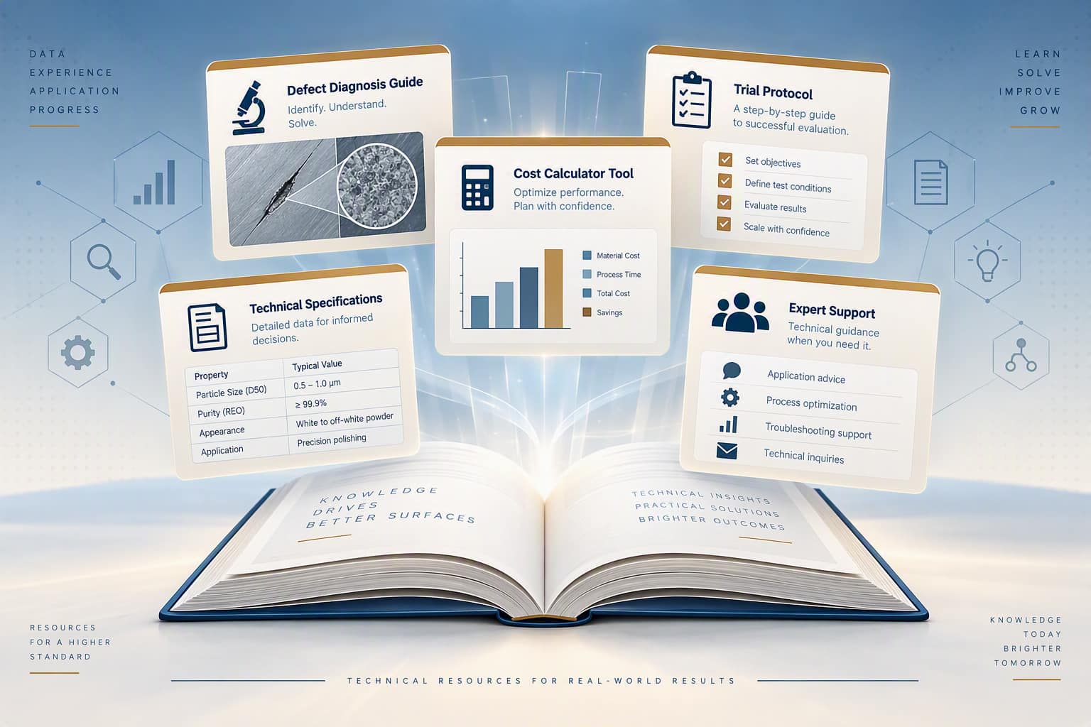 Technical resources for CERITOP polishing including Defect Diagnosis Guide, Cost Calculator Tool, Technical Specifications, Trial Protocol, and Expert Support documentation with guides for troubleshooting, process optimization, and application advice