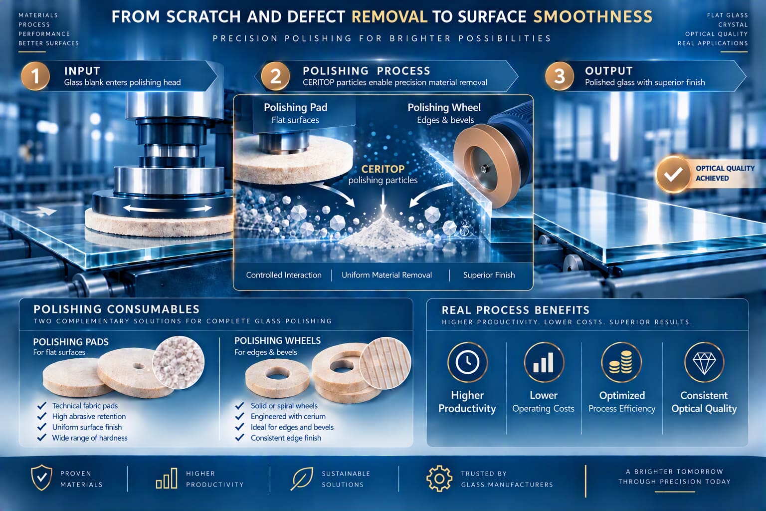 Flat glass polishing process diagram showing INPUT rough surface 500nm, POLISHING PROCESS with CERITOP particles on polishing pad and wheel, and OUTPUT ultra-smooth surface