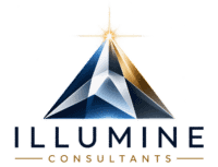Illumine Consultants company logo featuring geometric prism design in blue and gold with tagline "From raw materials to high-performance applications"